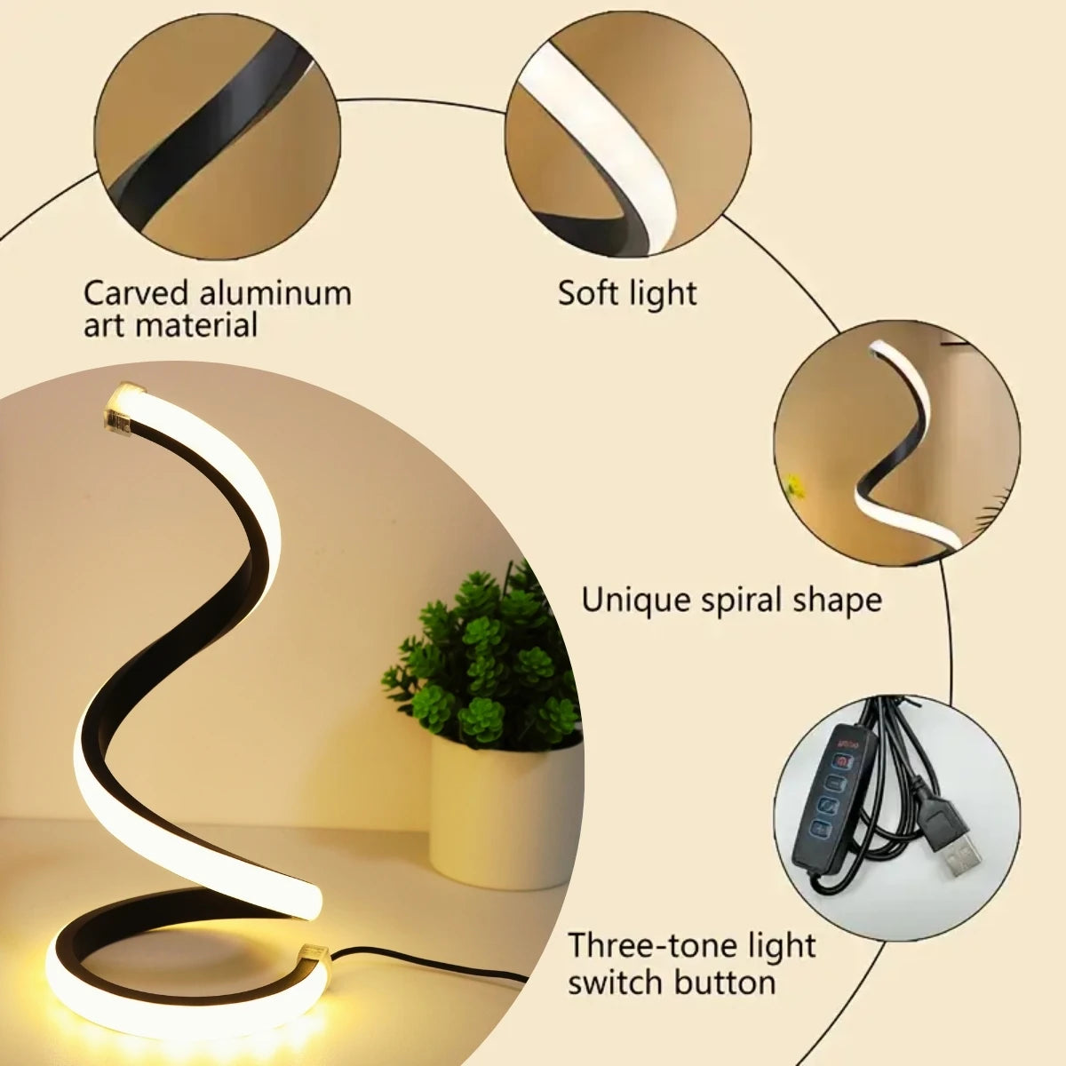 LED Spiral Desk Lamp — Three-Color Dimming