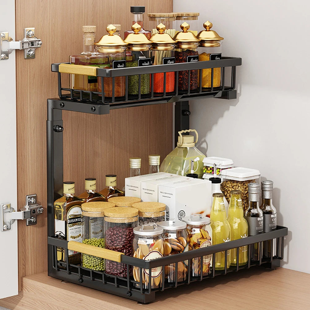 2-Tier Pull-Out Under-Sink Organizer — Adjustable Carbon Steel