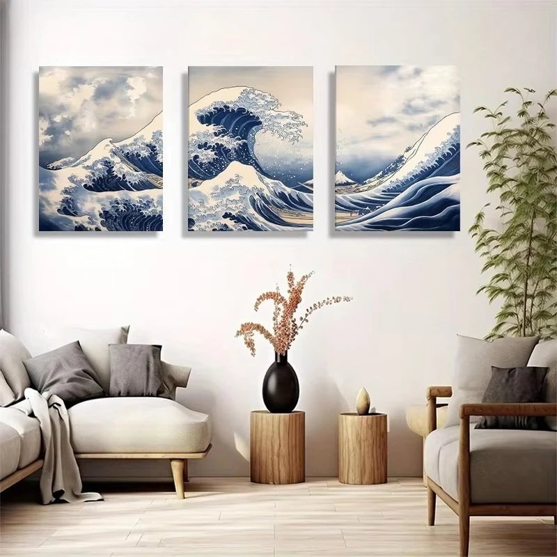 WaveArt™ Hokusai Great Wave 3-Panel Canvas Print — Japanese Wall Art for Bedroom & Living Room