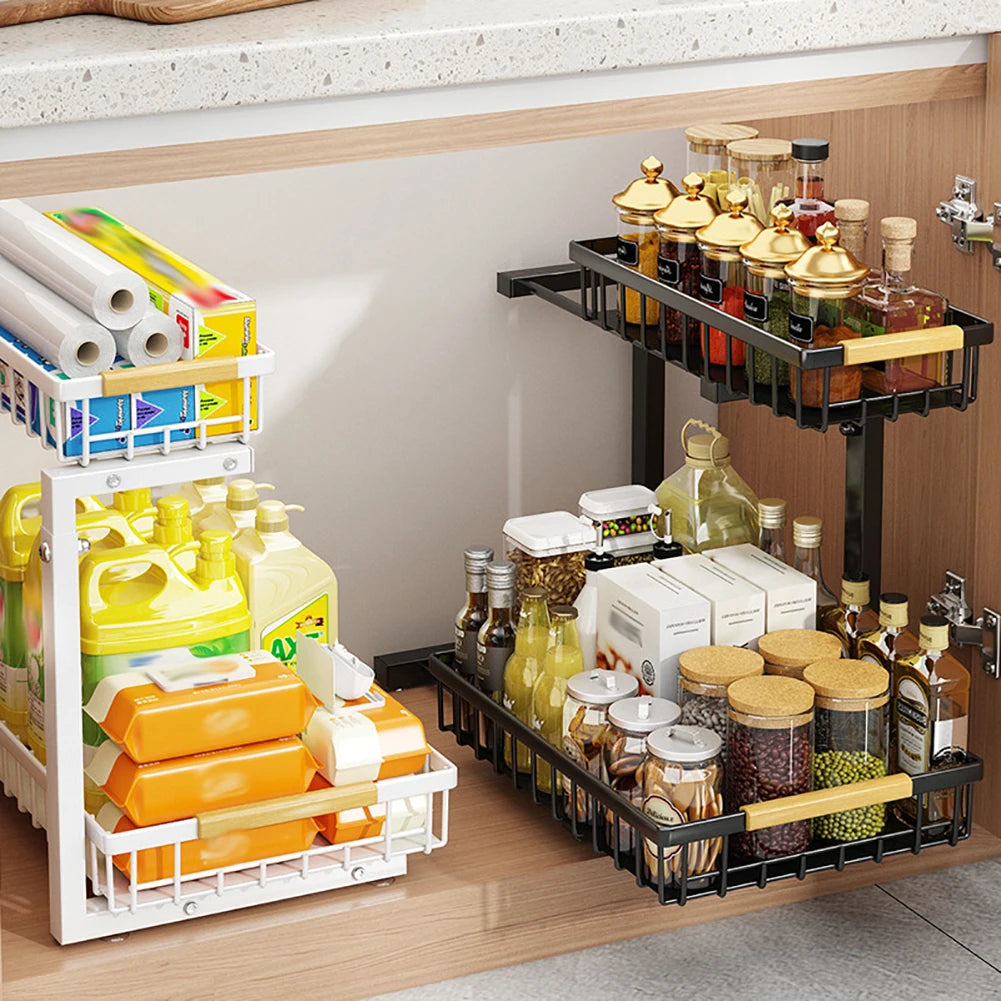 2-Tier Pull-Out Under-Sink Organizer — Adjustable Carbon Steel