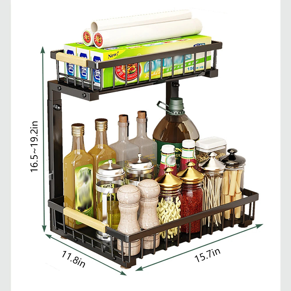 2-Tier Pull-Out Under-Sink Organizer — Adjustable Carbon Steel