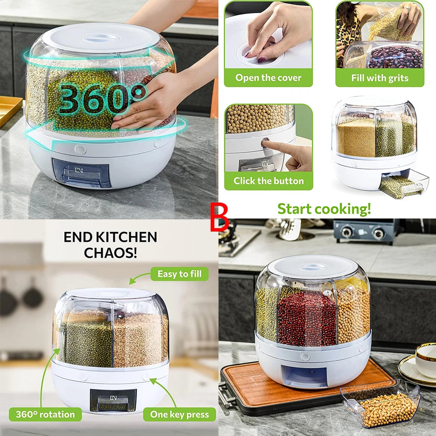 SpinStore™ 360° Rotating Grain Dispenser — 6-Compartment Airtight Kitchen Storage