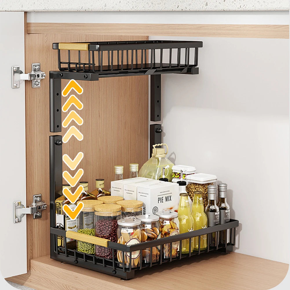 2-Tier Pull-Out Under-Sink Organizer — Adjustable Carbon Steel
