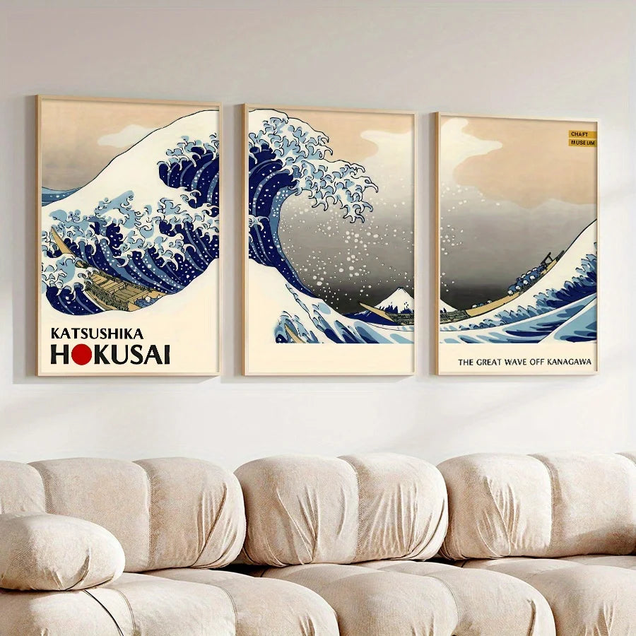 WaveArt™ Hokusai Great Wave 3-Panel Canvas Print — Japanese Wall Art for Bedroom & Living Room