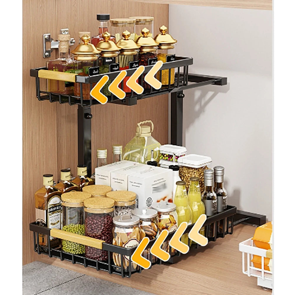 2-Tier Pull-Out Under-Sink Organizer — Adjustable Carbon Steel