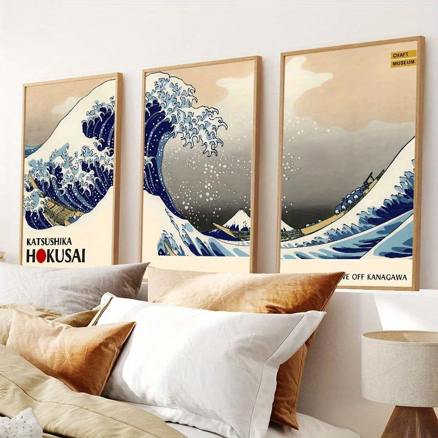 WaveArt™ Hokusai Great Wave 3-Panel Canvas Print — Japanese Wall Art for Bedroom & Living Room