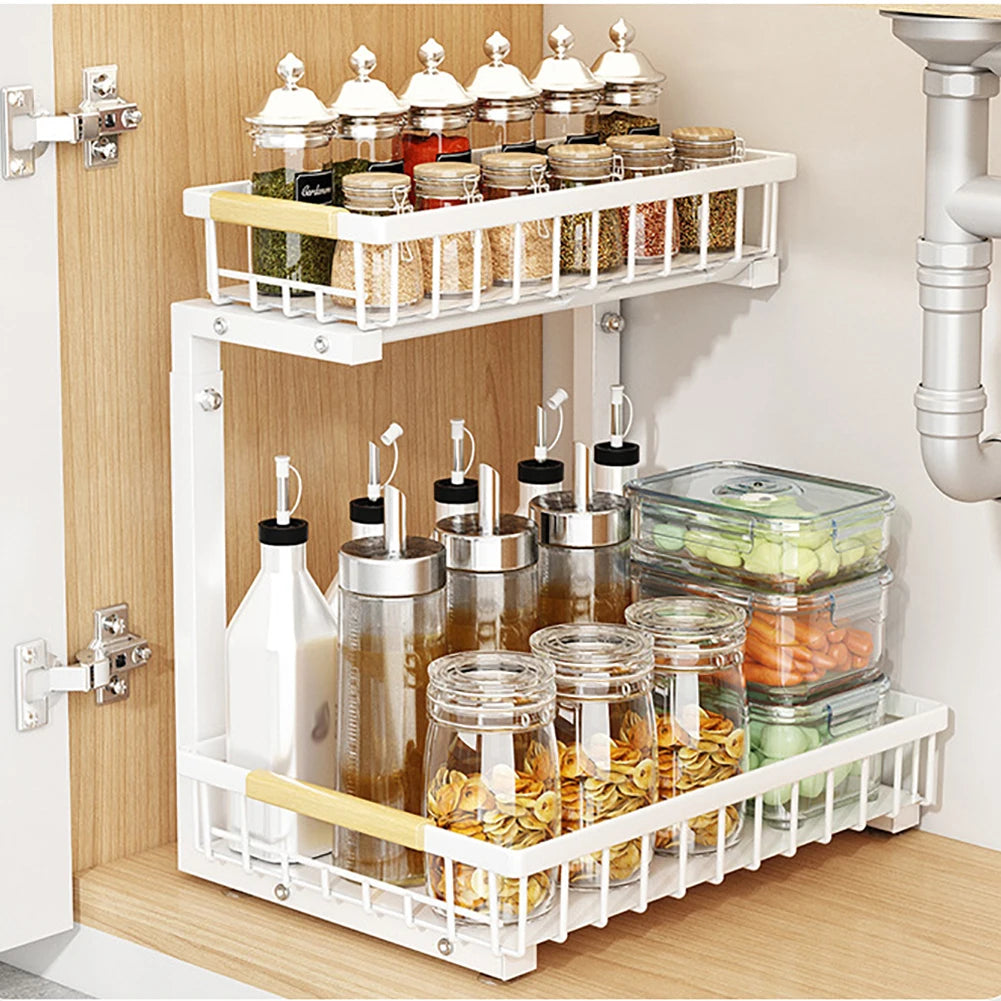 2-Tier Pull-Out Under-Sink Organizer — Adjustable Carbon Steel