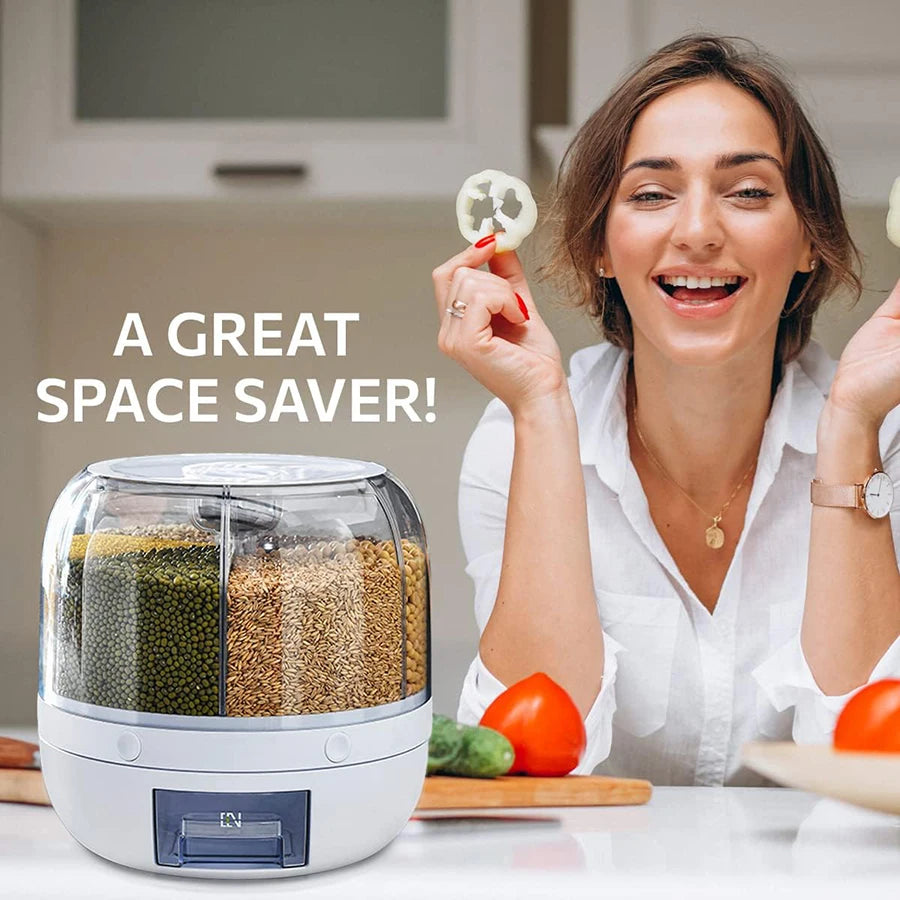 SpinStore™ 360° Rotating Grain Dispenser — 6-Compartment Airtight Kitchen Storage