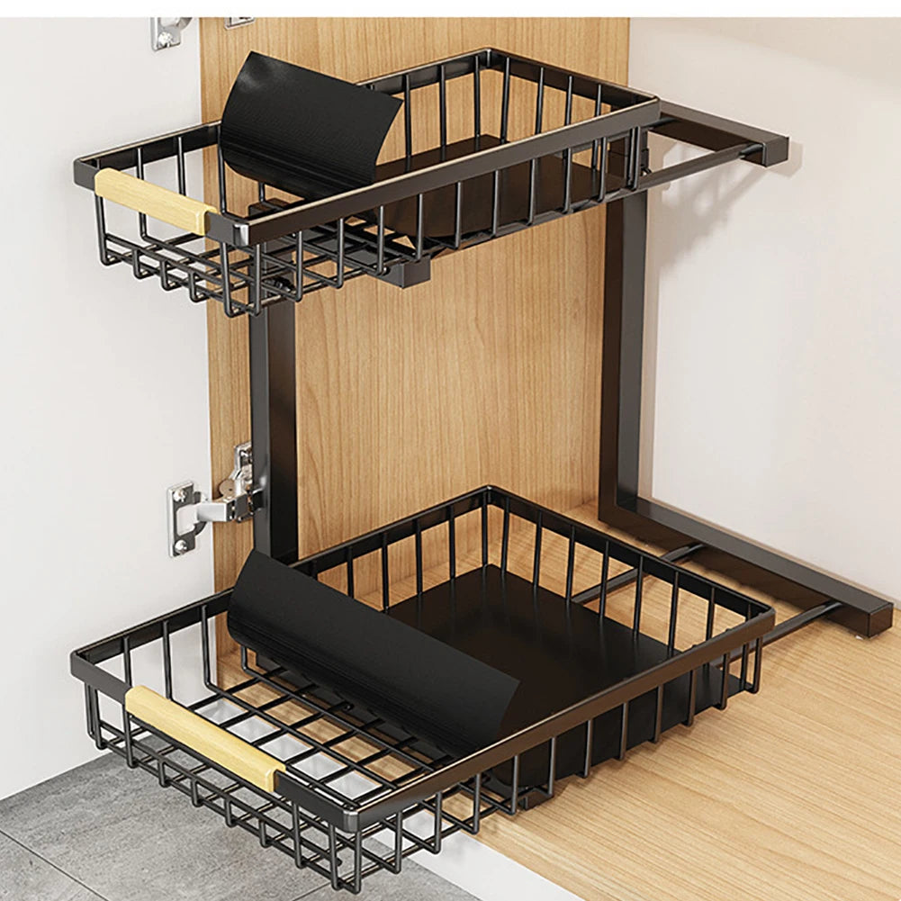 2-Tier Pull-Out Under-Sink Organizer — Adjustable Carbon Steel
