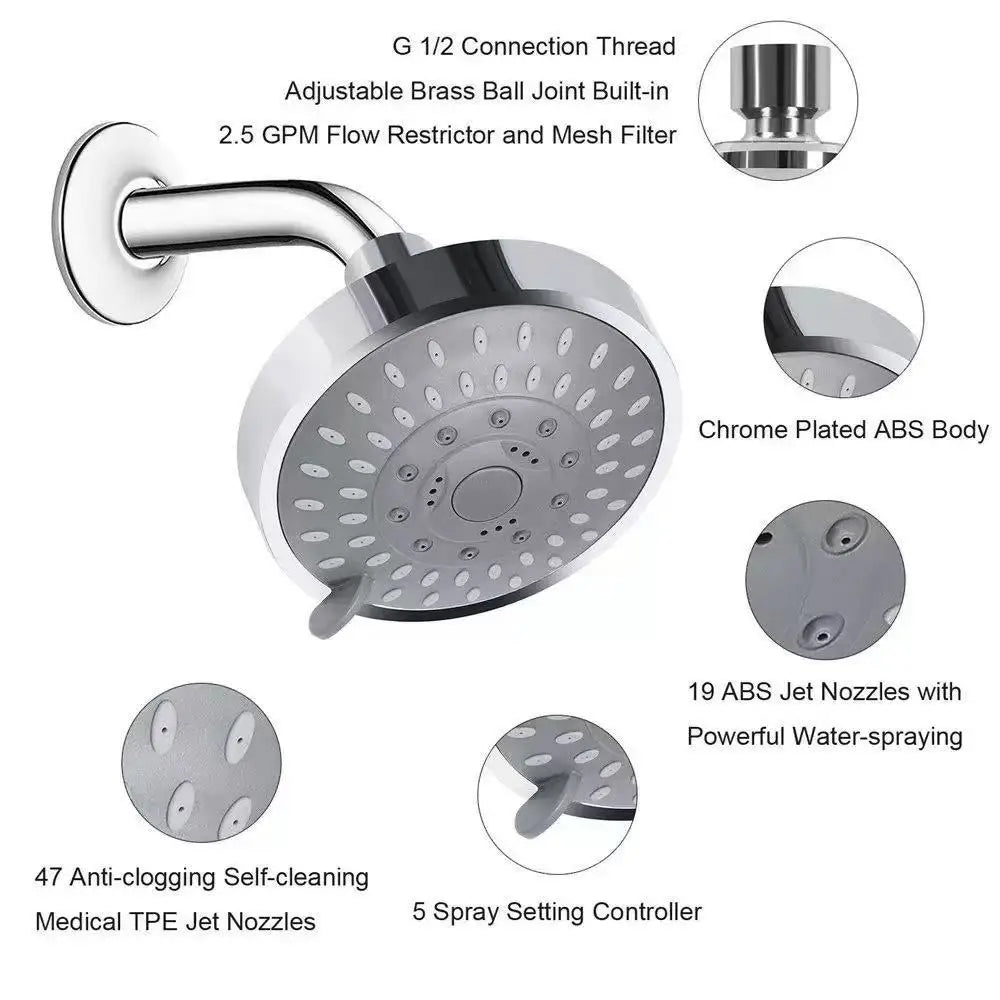 5-Mode Rainfall Shower Head — High Pressure, 4-Inch